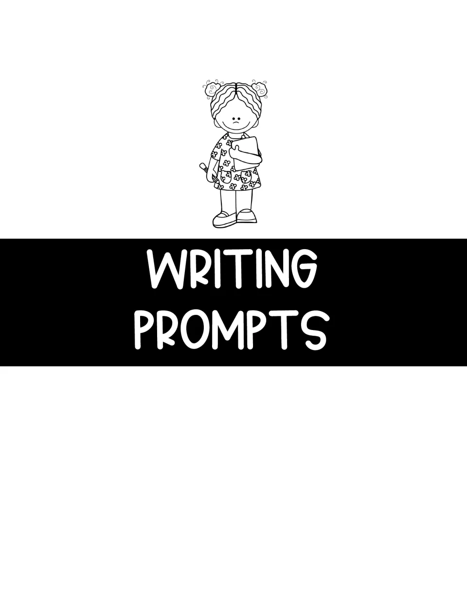 Writing Prompts section divider with a black-and-white girl holding a clipboard, marking the start of the daily May prompts