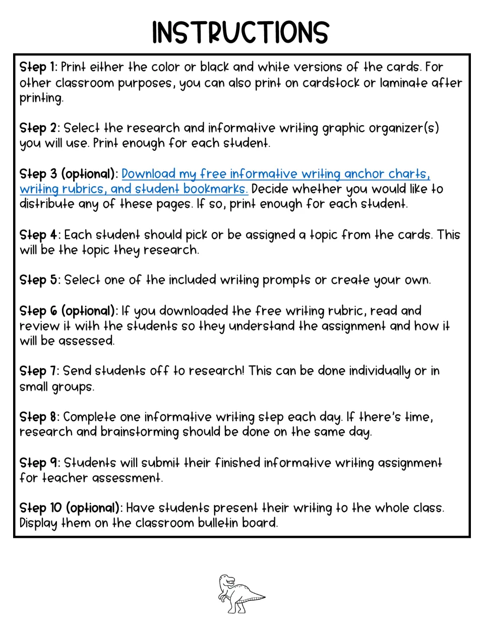 Instructions in 10 steps: print cards, pick organizers, assign a dinosaur topic, research, then write one step per day