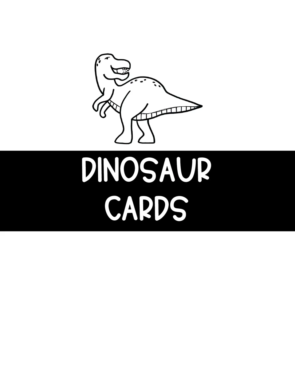 Dinosaur Cards section divider with a black-and-white T. rex drawing, introducing the research topic cards