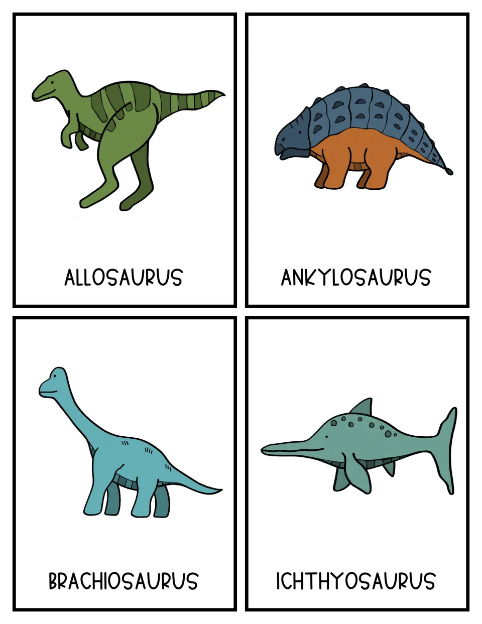 Color dinosaur topic cards for Allosaurus, Ankylosaurus, Brachiosaurus and Ichthyosaurus, each with a labeled drawing