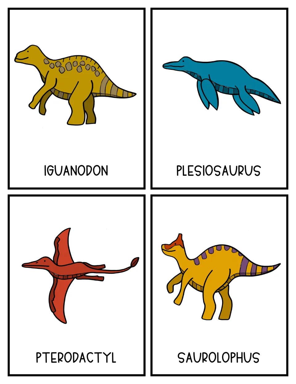 Color dinosaur topic cards for Iguanodon, Plesiosaurus, Pterodactyl and Saurolophus, each with a labeled drawing