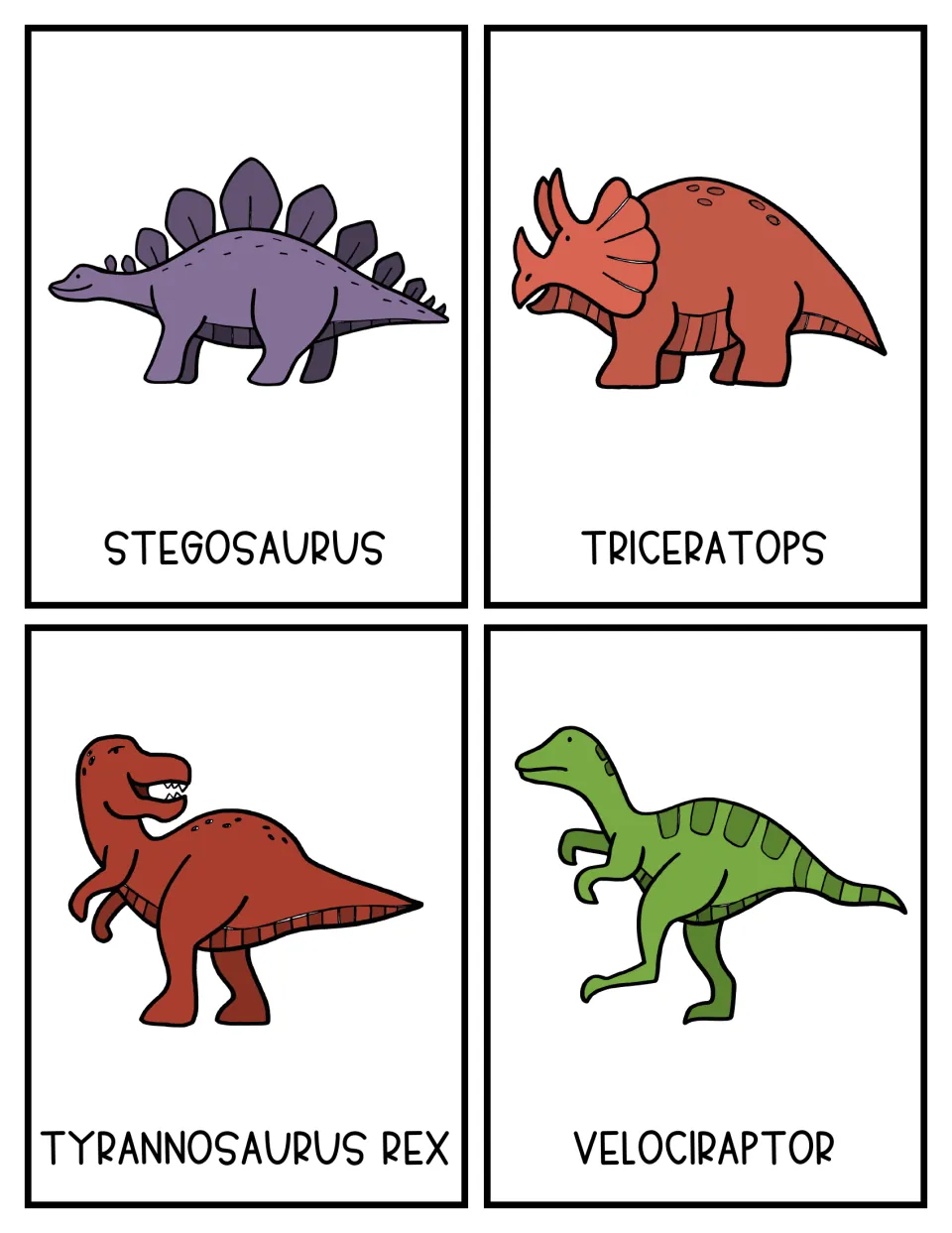 Color dinosaur topic cards for Stegosaurus, Triceratops, Tyrannosaurus Rex and Velociraptor, each with a labeled drawing