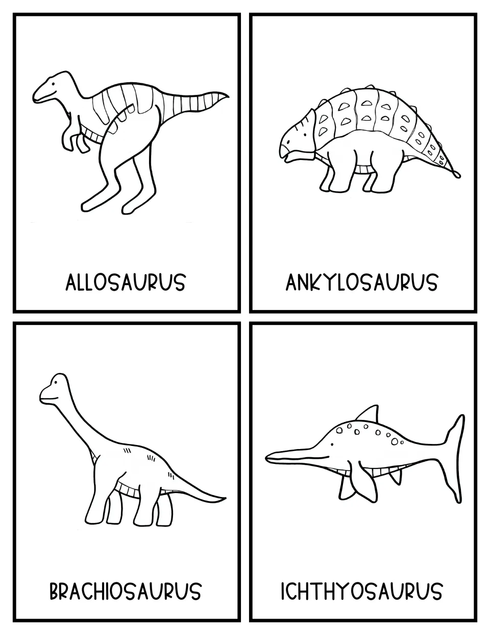 Black-and-white topic cards for Allosaurus, Ankylosaurus, Brachiosaurus and Ichthyosaurus with outline drawings