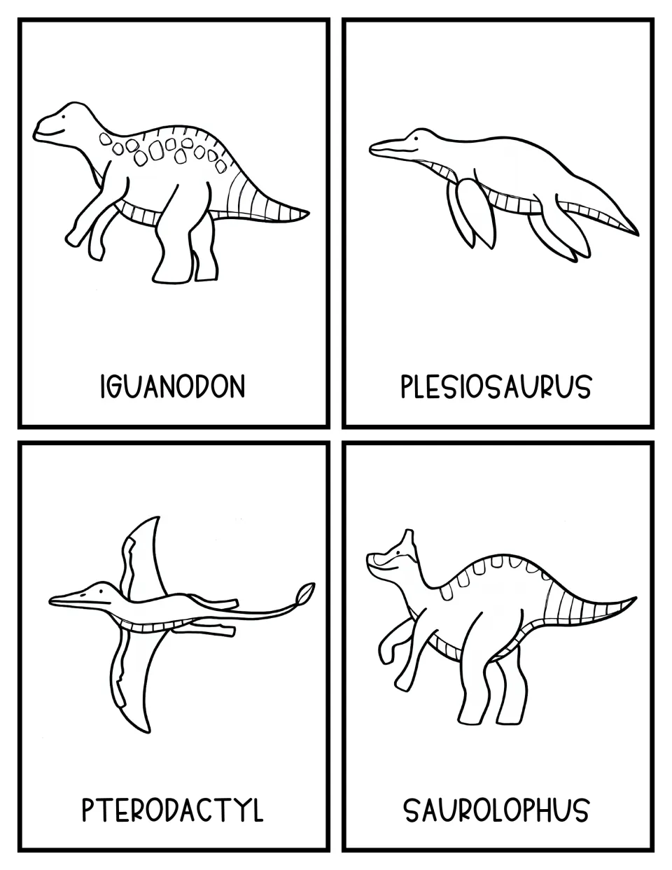 Black-and-white topic cards for Iguanodon, Plesiosaurus, Pterodactyl and Saurolophus with outline drawings
