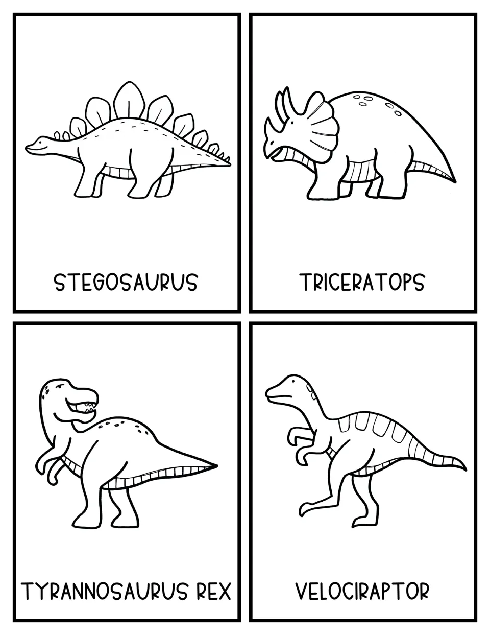 Black-and-white topic cards for Stegosaurus, Triceratops, Tyrannosaurus Rex and Velociraptor with outline drawings