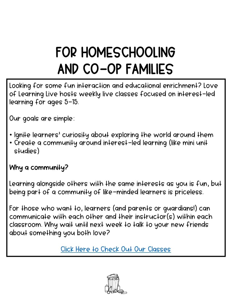 Promotional page for homeschooling and co-op families describing weekly live classes for learners ages 5–15