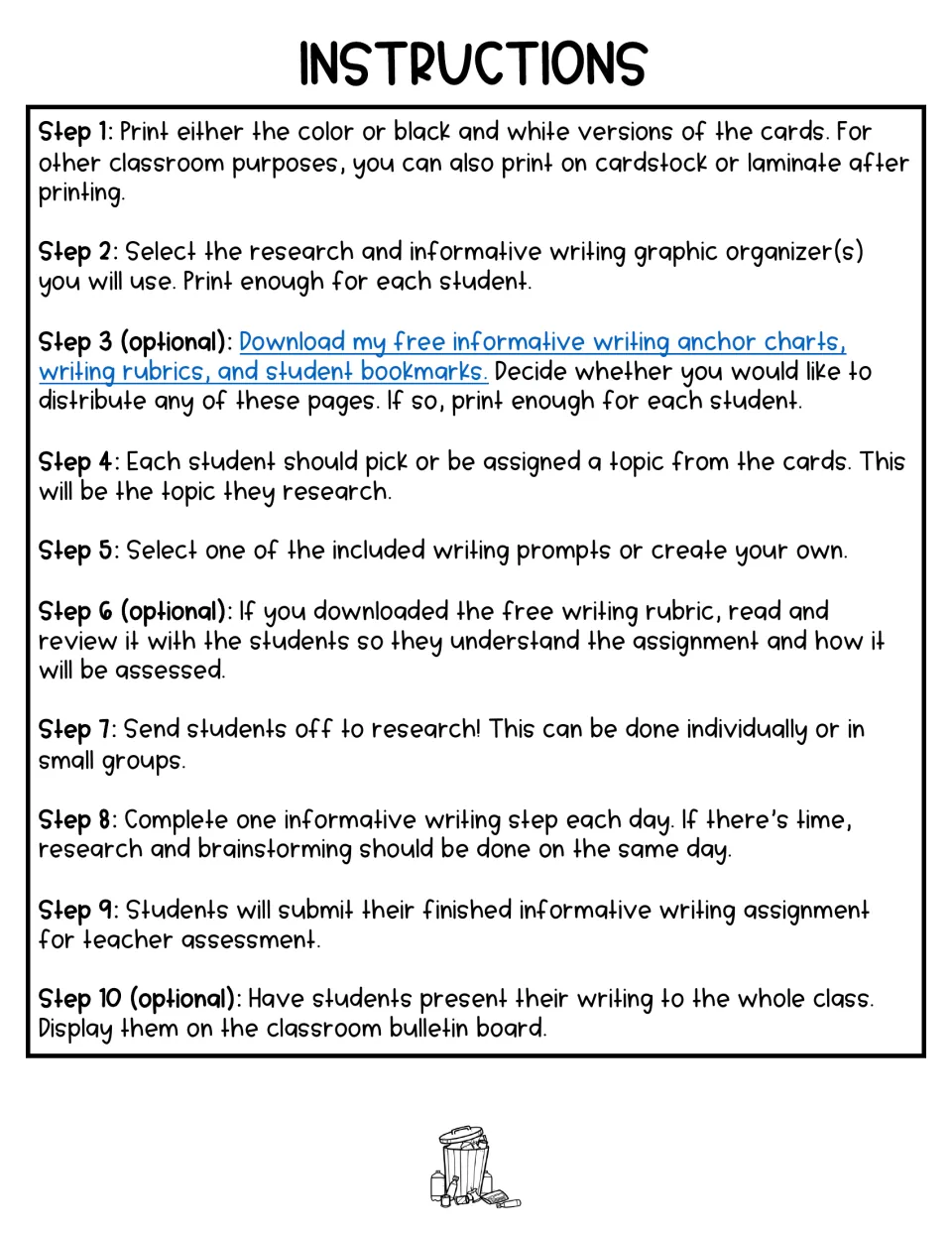 Teacher instructions give 10 steps for printing topic cards, assigning research, and guiding informative writing