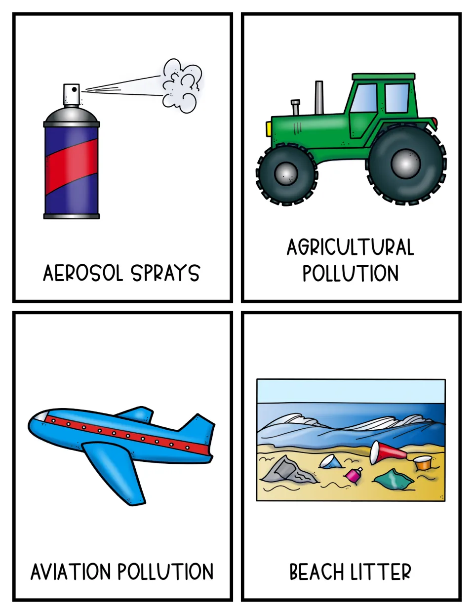 Color topic cards 1–4: aerosol sprays, agricultural pollution, aviation pollution, and beach litter