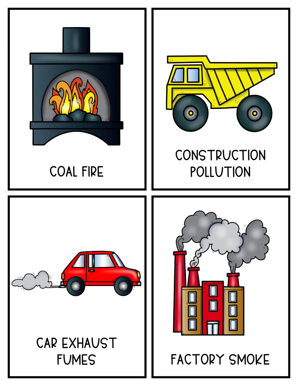 Color topic cards 5–8: coal fire, construction pollution, car exhaust fumes, and factory smoke