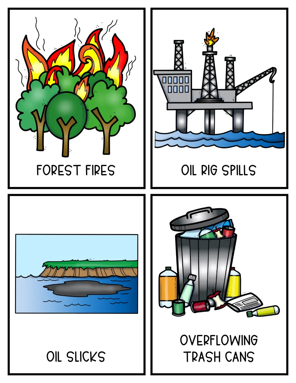 Color topic cards 9–12: forest fires, oil rig spills, oil slicks, and overflowing trash cans
