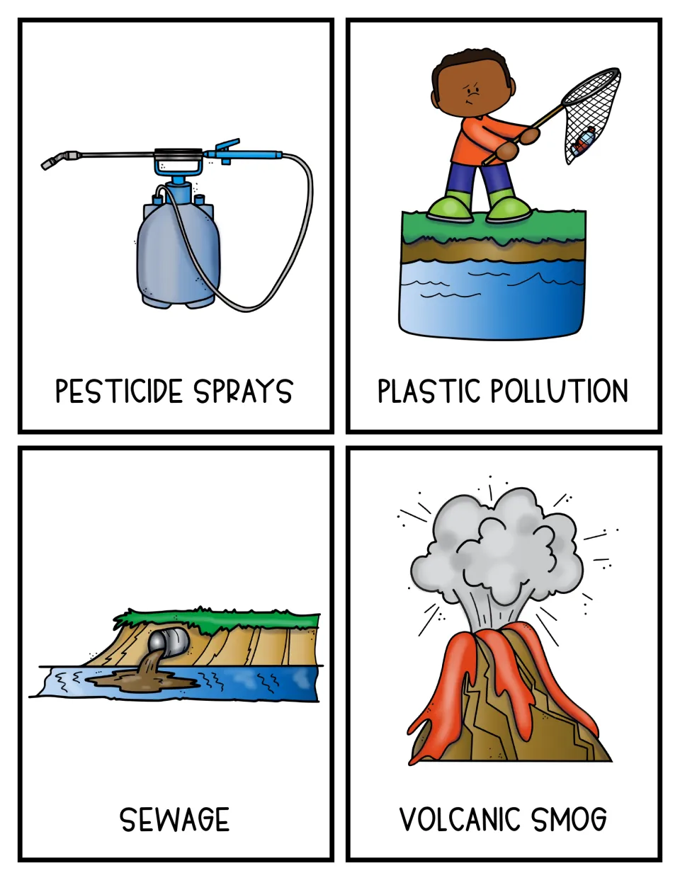 Color topic cards 13–16: pesticide sprays, plastic pollution, sewage, and volcanic smog