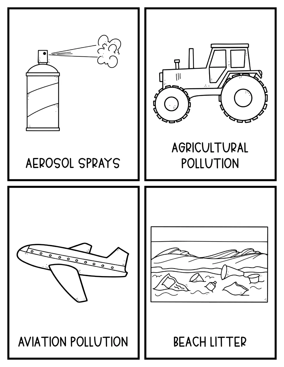 Black-and-white topic cards 1–4: aerosol sprays, agricultural pollution, aviation pollution, and beach litter