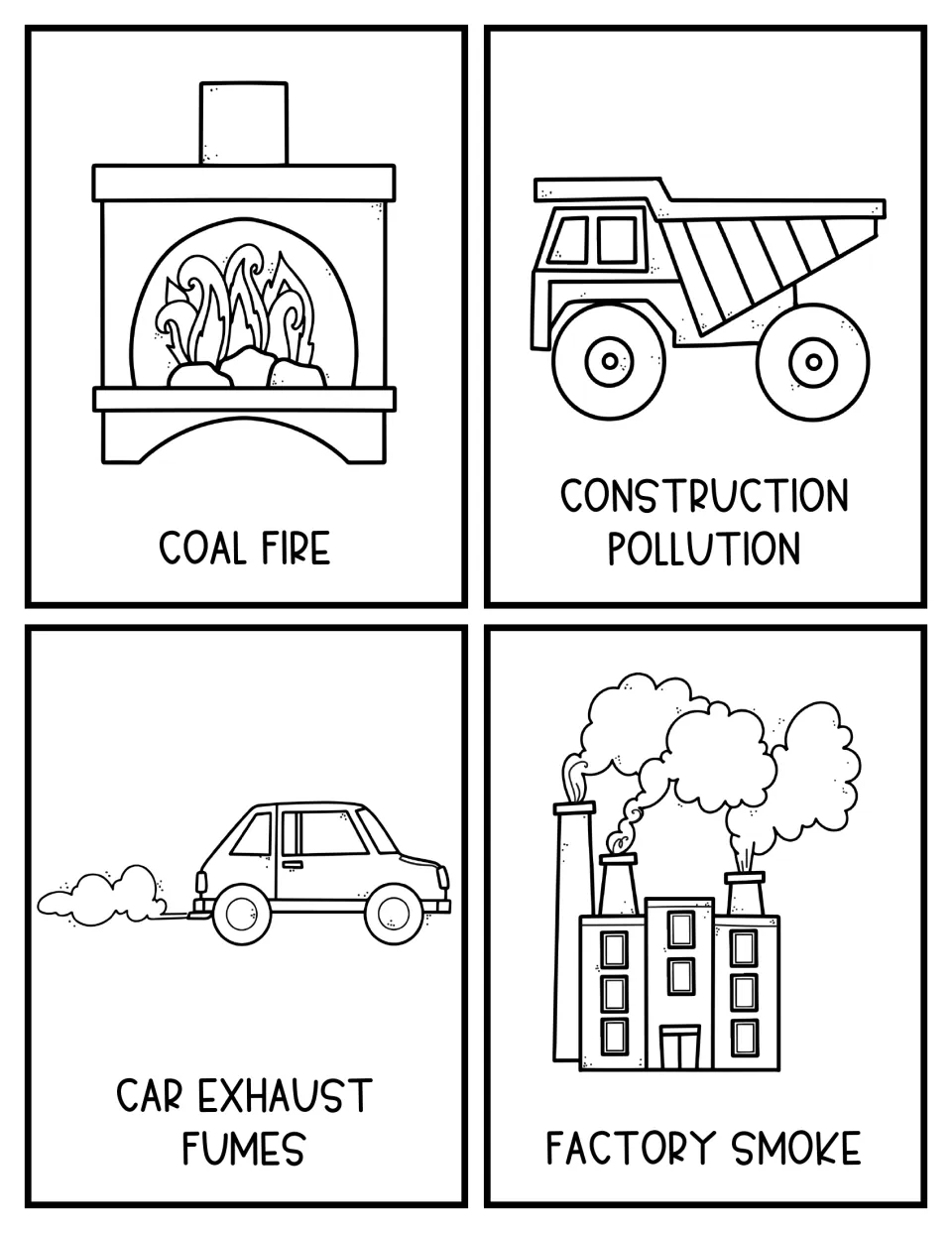 Black-and-white topic cards 5–8: coal fire, construction pollution, car exhaust fumes, and factory smoke