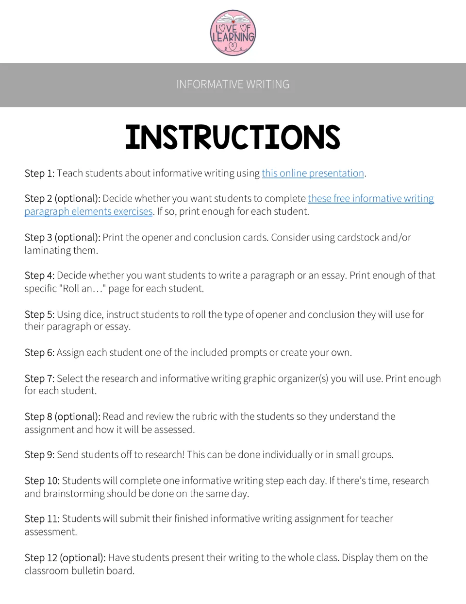 Teacher instructions give 12 steps for teaching informative writing, from a presentation to sharing finished work
