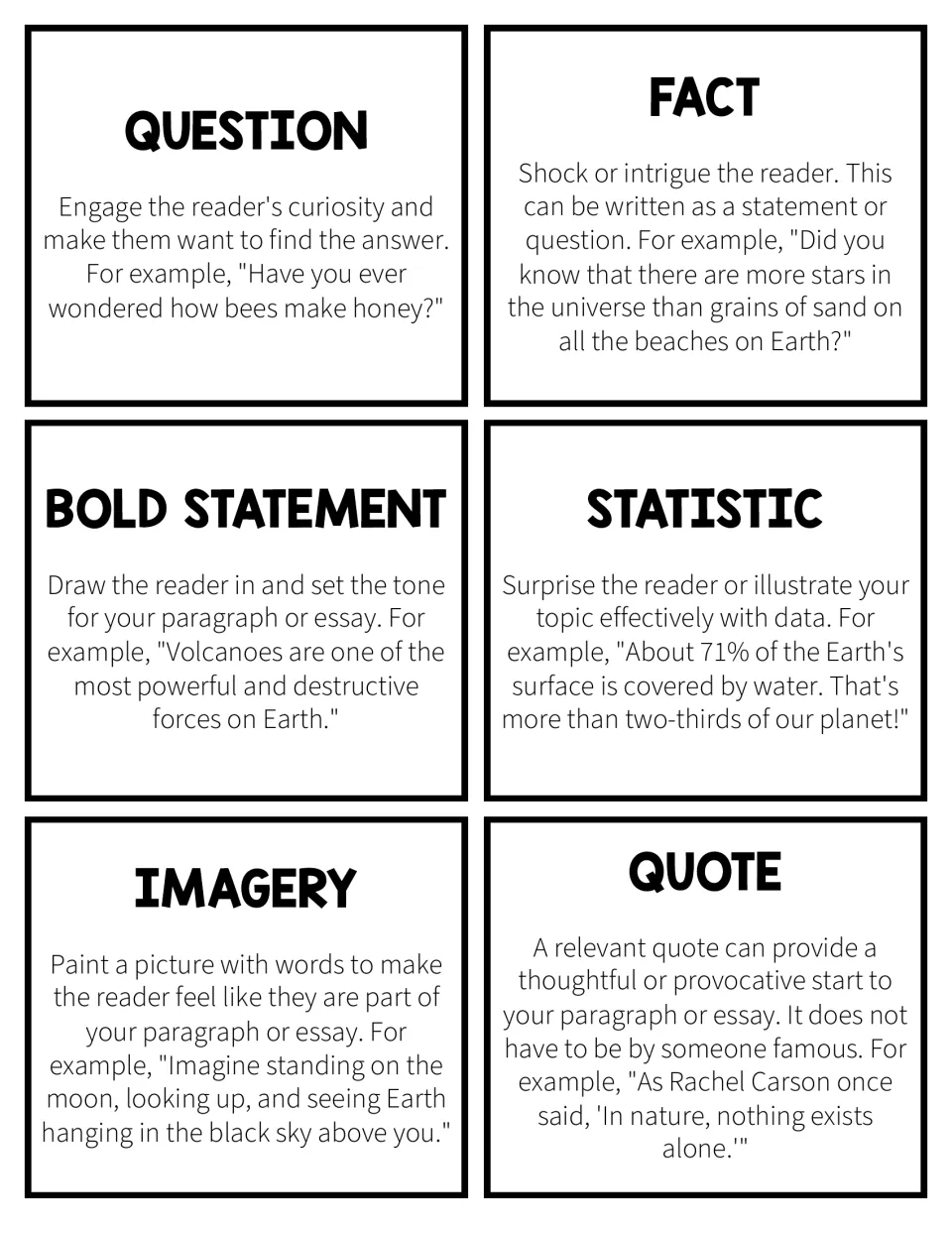 Six informative writing opener cards: question, fact, bold statement, statistic, imagery, and quote, with examples