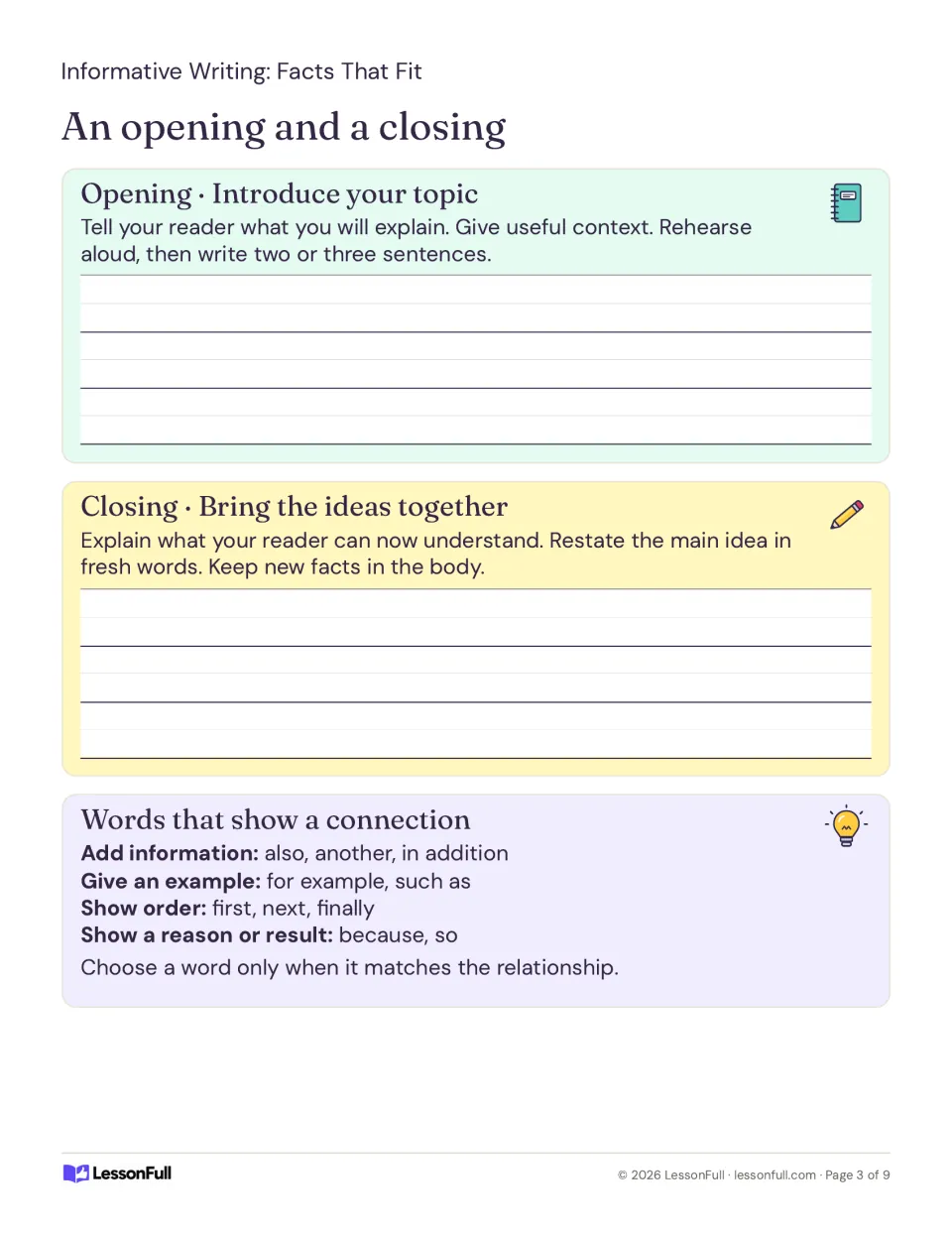 Writing an opening and a closing, with a bank of linking words for adding information, examples, order and reasons.