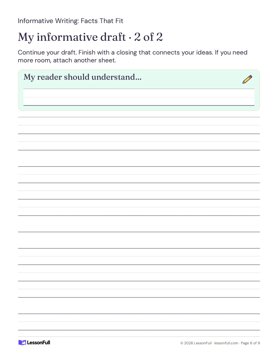 Second draft page: students continue the informative piece and end with a closing on what the reader should understand.