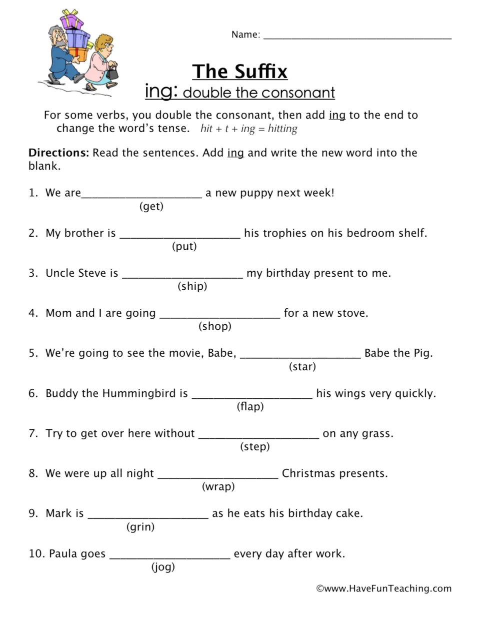 Suffix -ing, double the consonant: students add ing to verbs like get, shop and wrap to fill blanks in 10 sentences