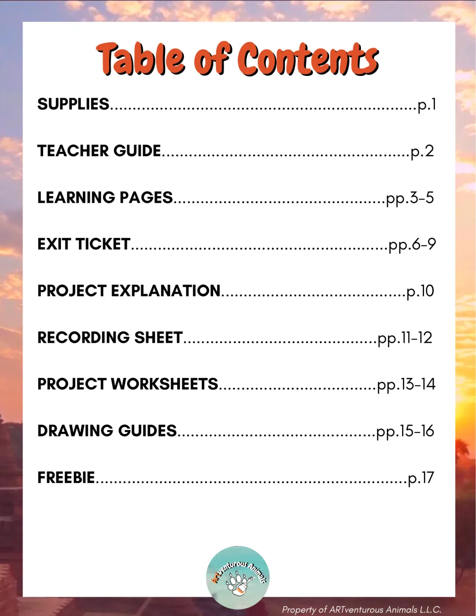 Table of contents listing supplies, teacher guide, learning pages, exit ticket, recording sheet, drawing guides and freebie