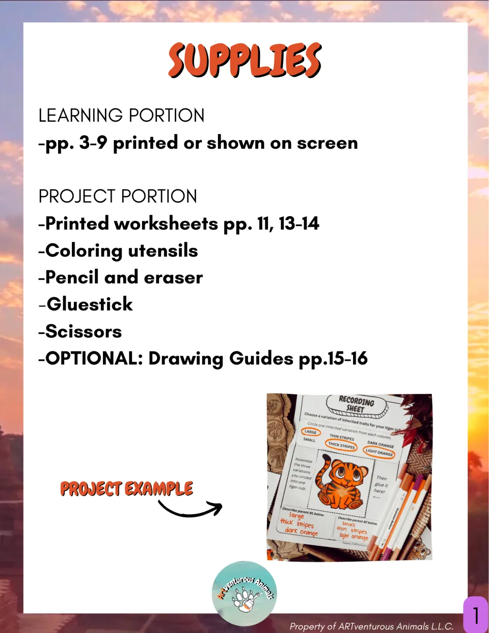Supplies list for the learning and project portions: printed pages, coloring tools, glue, scissors and a sample tiger