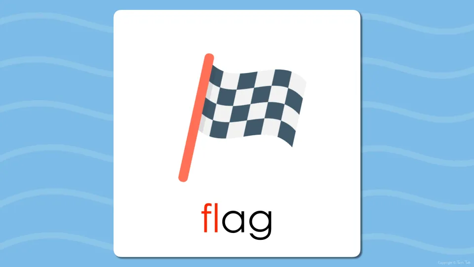 Flash card of a checkered flag with the word flag below, the fl blend in red to highlight the beginning sound