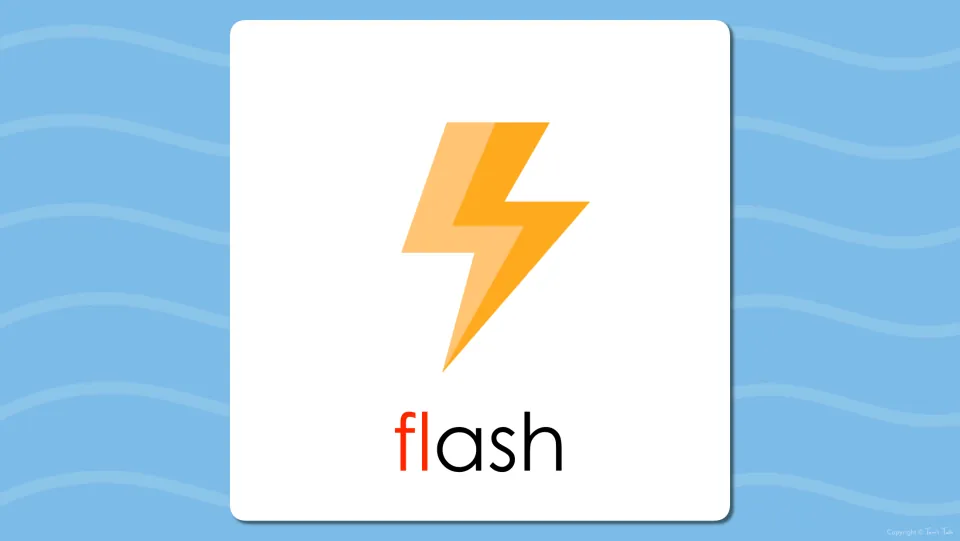 Flash card of a lightning bolt labeled flash, its opening fl blend shown in red so students hear the onset