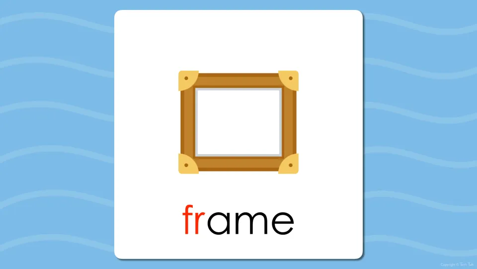 Flash card of a wooden picture frame with the word frame below, the fr blend in red to spotlight the opening sound