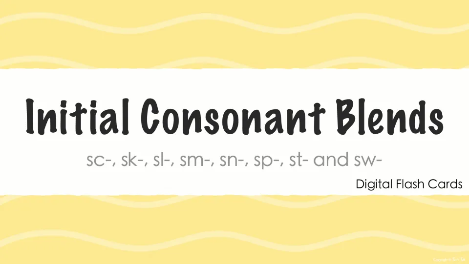 Initial consonant blends digital flash cards cover listing the sc-, sk-, sl-, sm-, sn-, sp-, st- and sw- blends