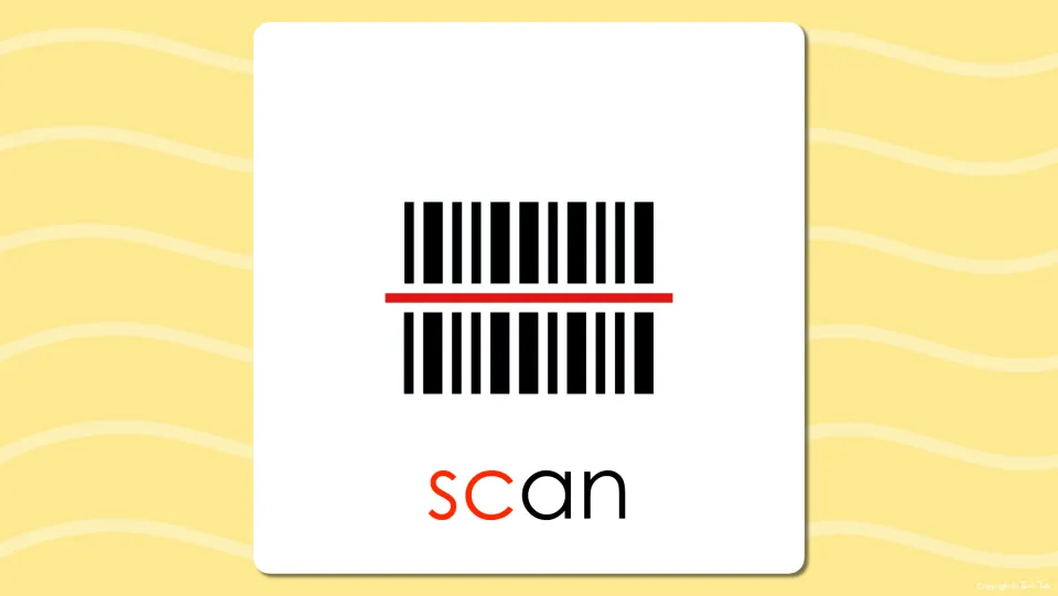Word reveal: barcode picture labeled scan, with the sc blend in red, for reading and saying the sc- word