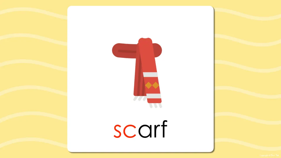 Word reveal: scarf picture with sc printed in red and arf in black to highlight the initial sc- blend