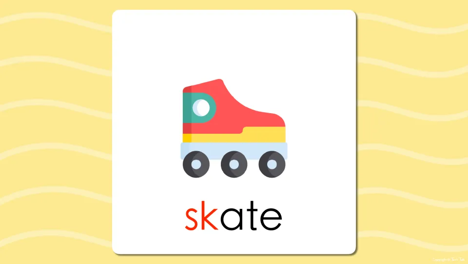 Word reveal: roller skate picture labeled skate, with sk in red, to practise reading the initial sk- blend