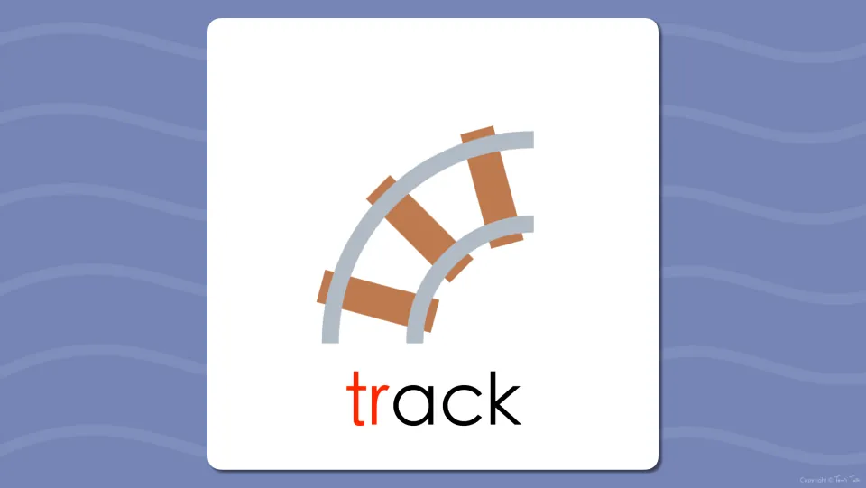 Word reveal flash card: the railroad track picture labeled track, with the tr blend shown in red for students to read
