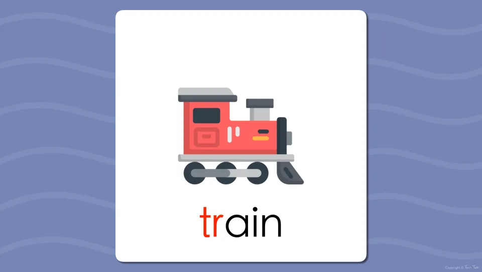 Word reveal flash card: the red steam engine picture labeled train, with the beginning tr blend highlighted in red letters