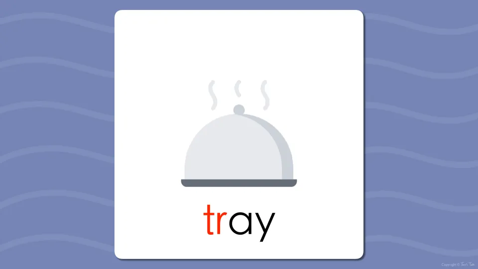 Word reveal flash card: the covered serving dish picture labeled tray, with the initial tr blend printed in red letters