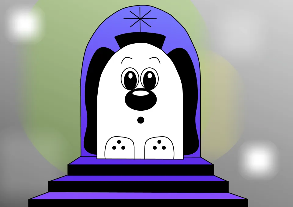 Story illustration: Zoggy stands in the purple arched doorway at the top of the steps to his craft, looking surprised
