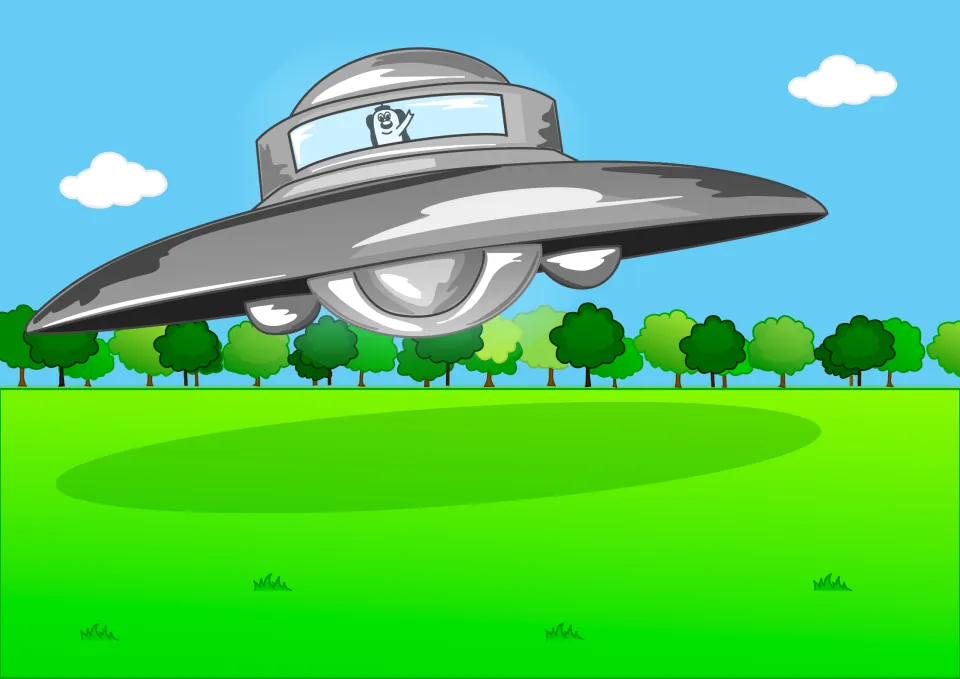 Story illustration: Zoggy waves from the window of his silver flying saucer as it hovers low over a green field and trees