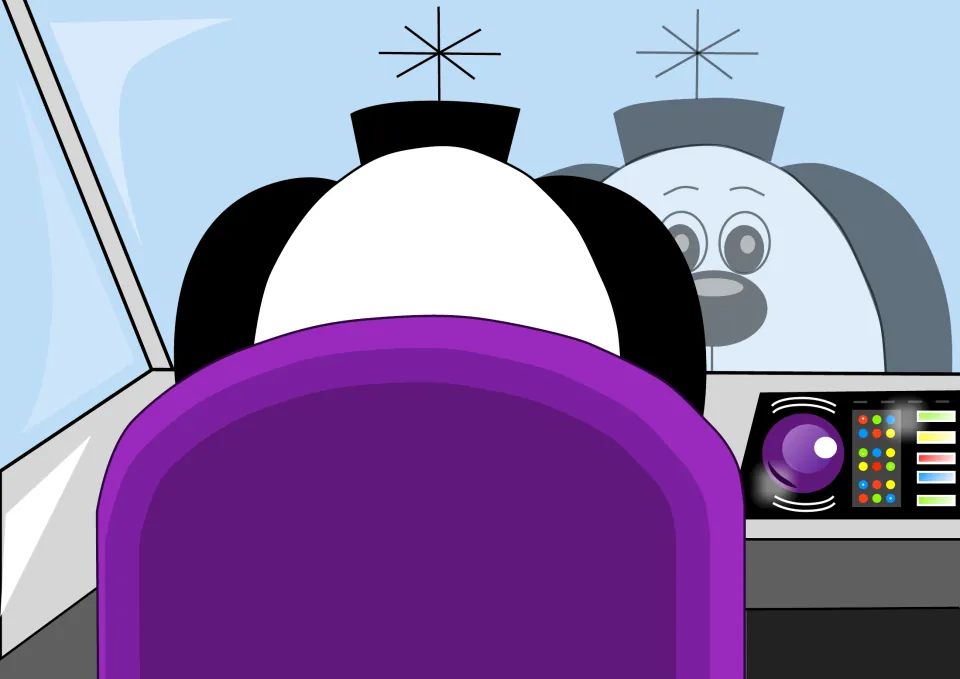 Story illustration: Zoggy, seen from behind in a purple seat, faces a control panel while his reflection shows in the glass
