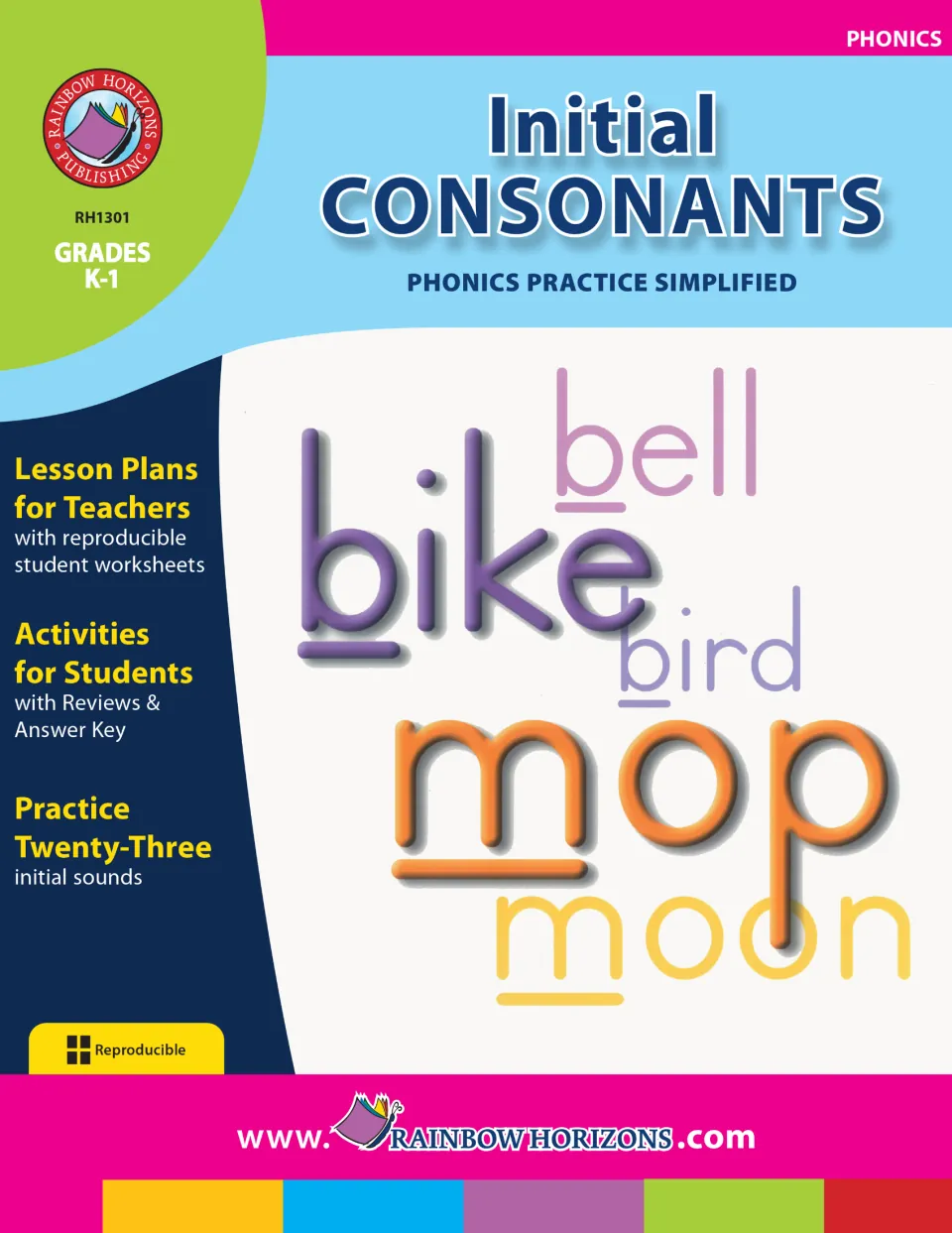Cover of Initial Consonants - Phonics Practice Simplified, with bell, bike, bird, mop, and moon examples