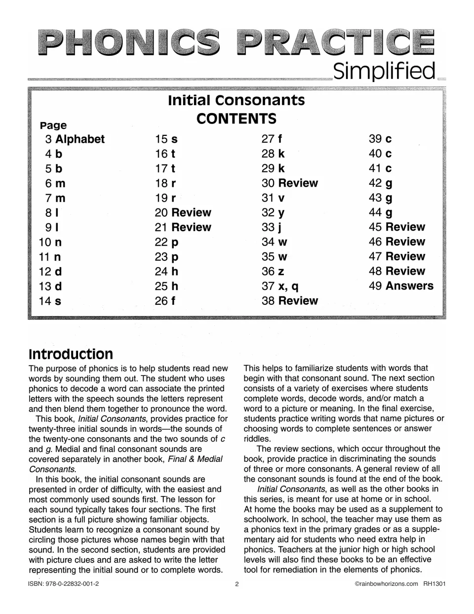Workbook contents and introduction outline 23 initial sounds, four lesson sections, reviews, and answers