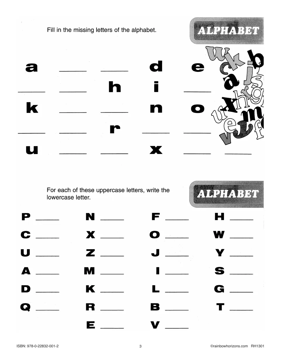 Alphabet practice asks students to fill missing letters in sequence and write lowercase forms of capitals