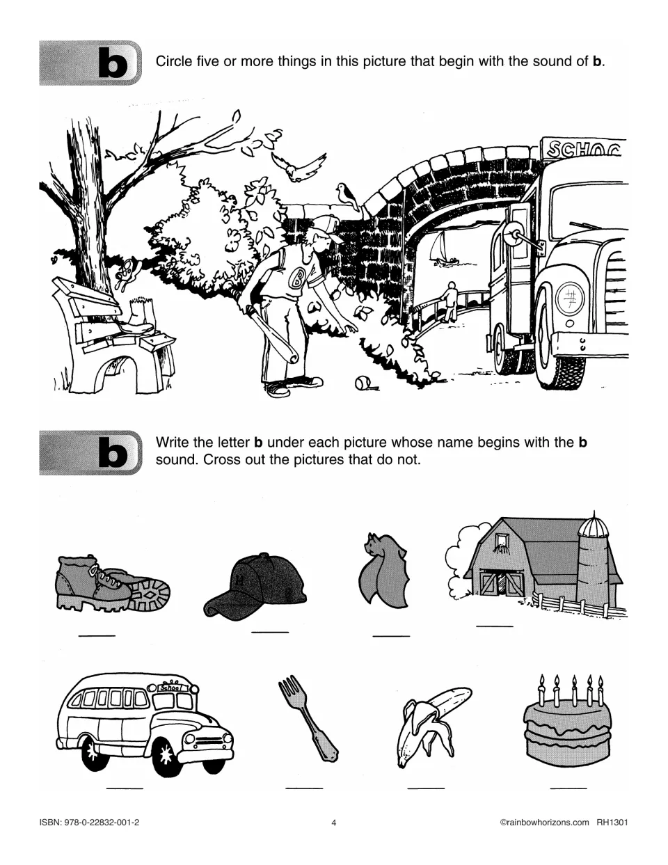 Beginning b practice asks students to circle scene objects and label pictures such as boots, bat, and bus