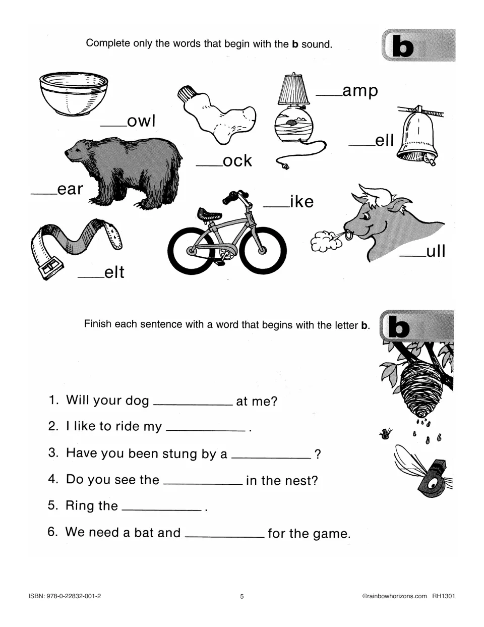 Beginning b practice includes completing bowl, bell, bear, bike, belt, and bull, then finishing sentences