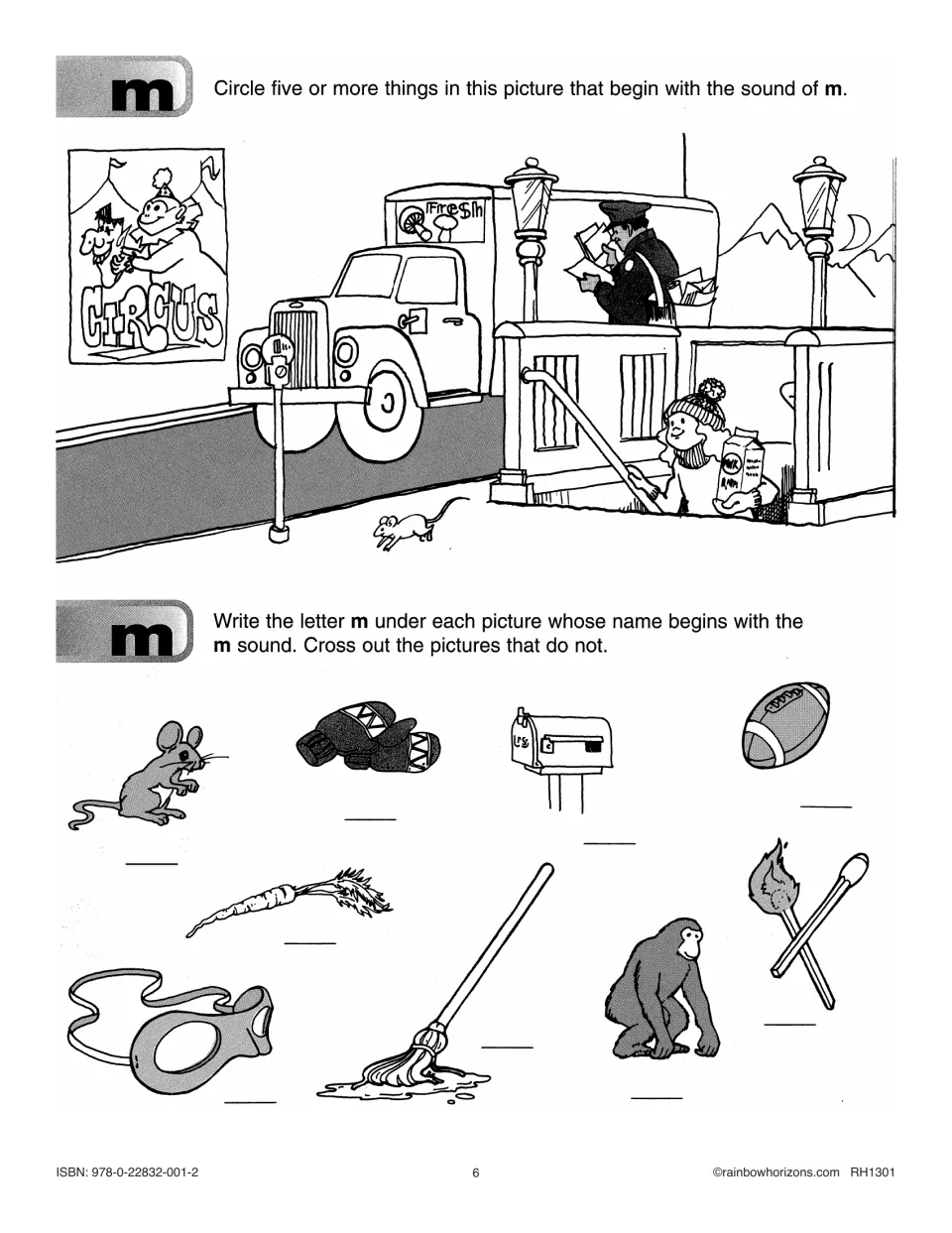Beginning m practice asks students to find scene objects and label pictures of a mouse, mittens, and more