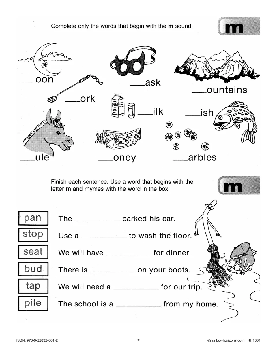 Beginning m practice uses picture clues to complete words and rhyming clues such as pan to finish sentences