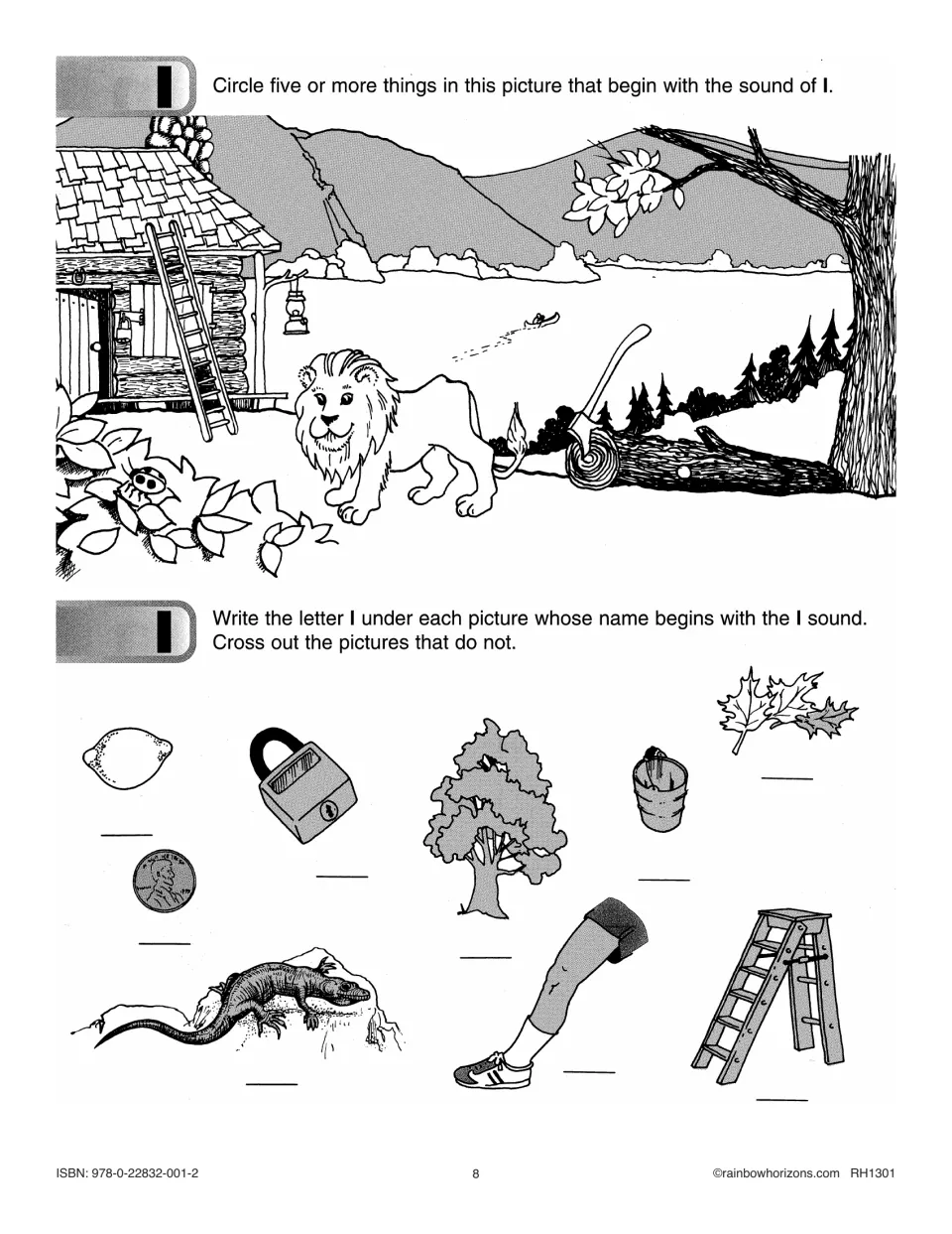 Beginning l practice asks students to find scene objects and label pictures of a lemon, lock, and more