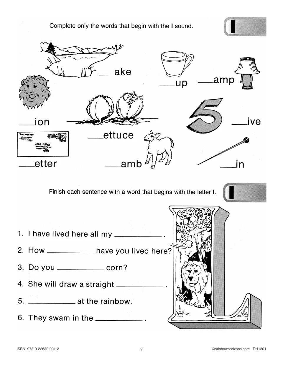 Beginning l practice includes completing lake, lamp, lion, lettuce, letter, and lamb, then six sentences
