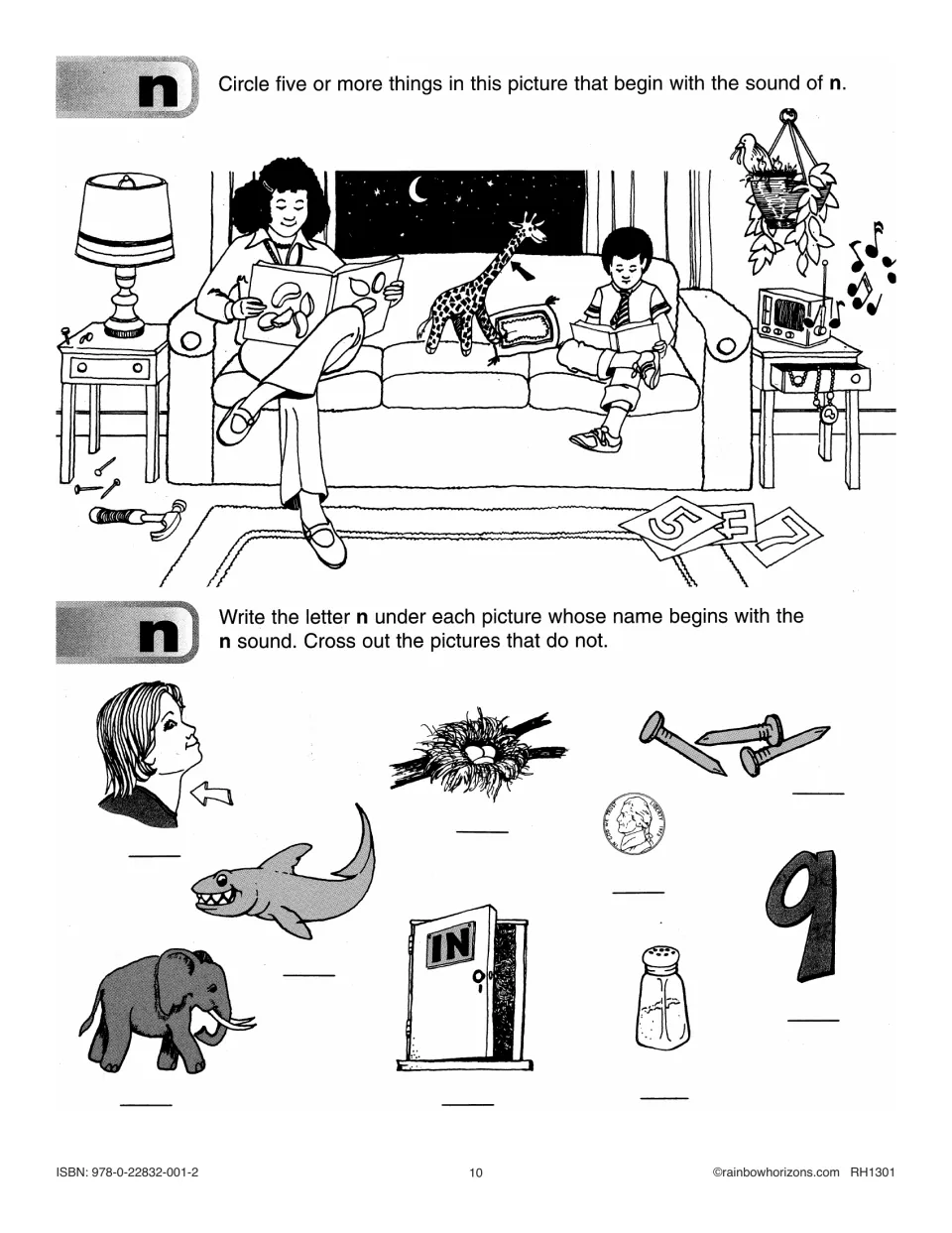 Beginning n practice asks students to find scene objects and label pictures of a neck, nest, nails, and more