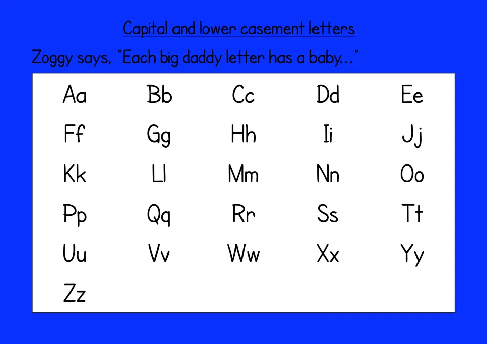 Capital and lowercase letters: Zoggy says each big daddy letter has a baby, with pairs Aa to Zz for letter matching