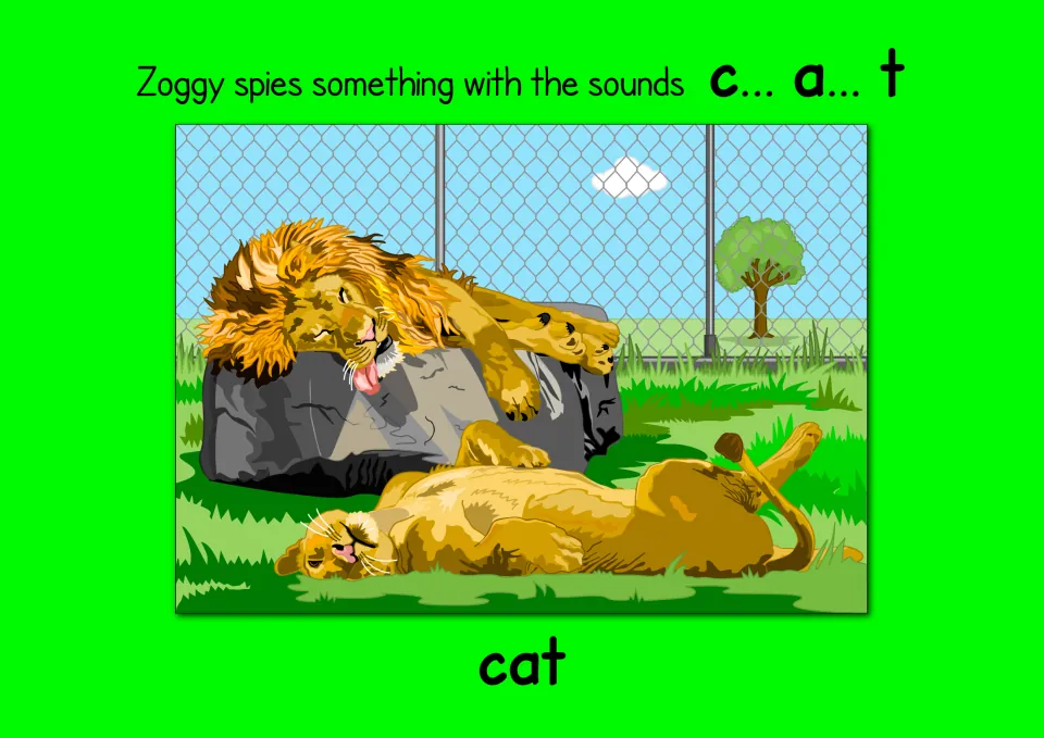 Blending sounds: Zoggy spies something with the sounds c... a... t, two lions resting in a zoo, with the word cat