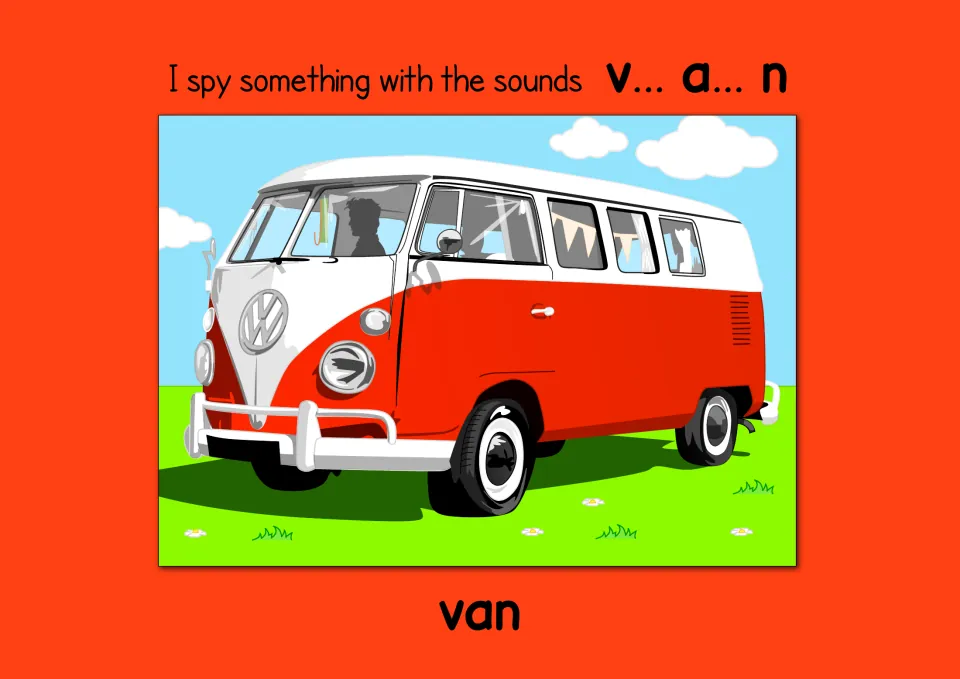 Blending sounds: I spy something with the sounds v... a... n, a red and white camper van on grass, with the word van